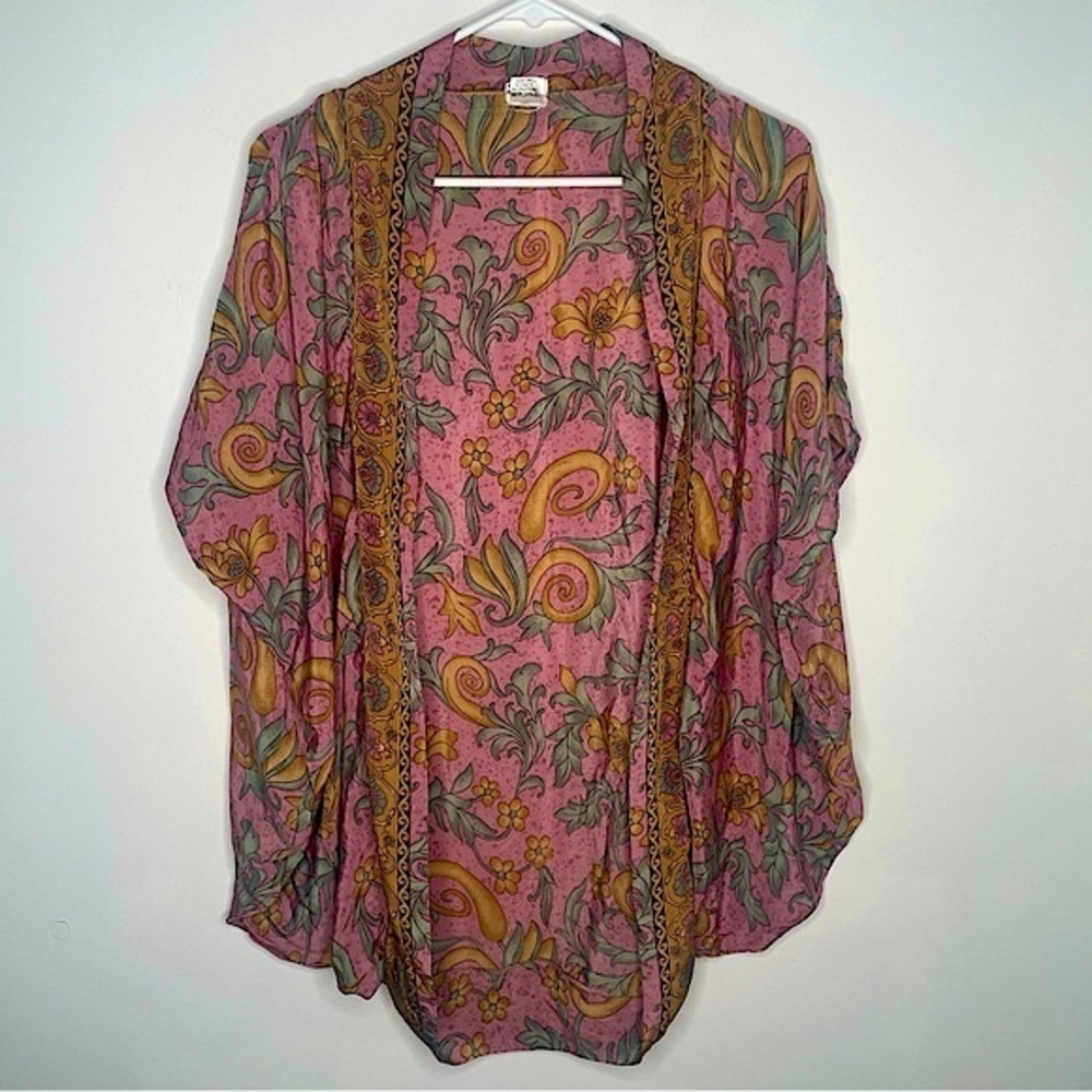 Boho Floral Open-Front Kimono - Pink & Mustard